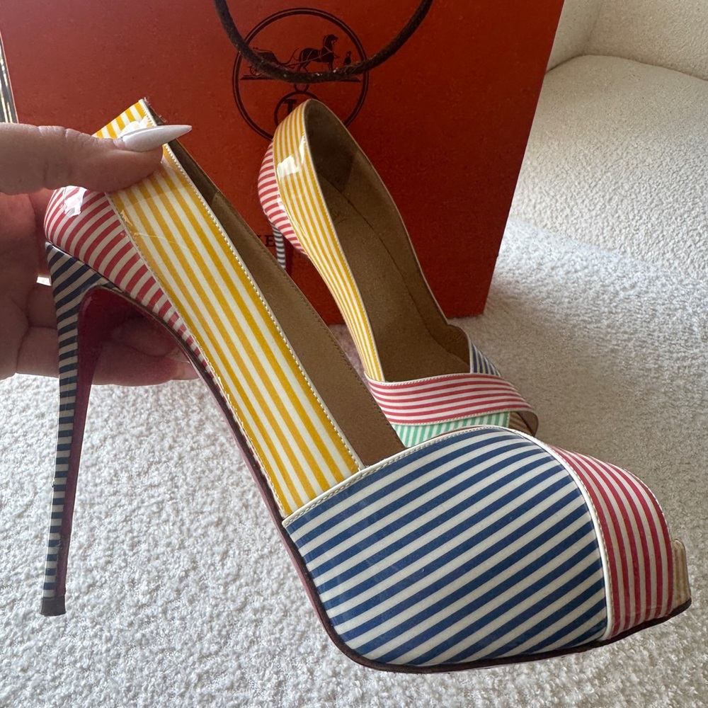 Christian Louboutin Striped Multicolor Peep-Toe Stilettos